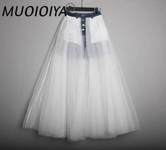 

Runway Women Long Maxi Skirt Jeans Tutu Tulle Splice Pleated Mesh Ball Gown Skirt Fashion Designer Luxury Ladies Denim Skirt