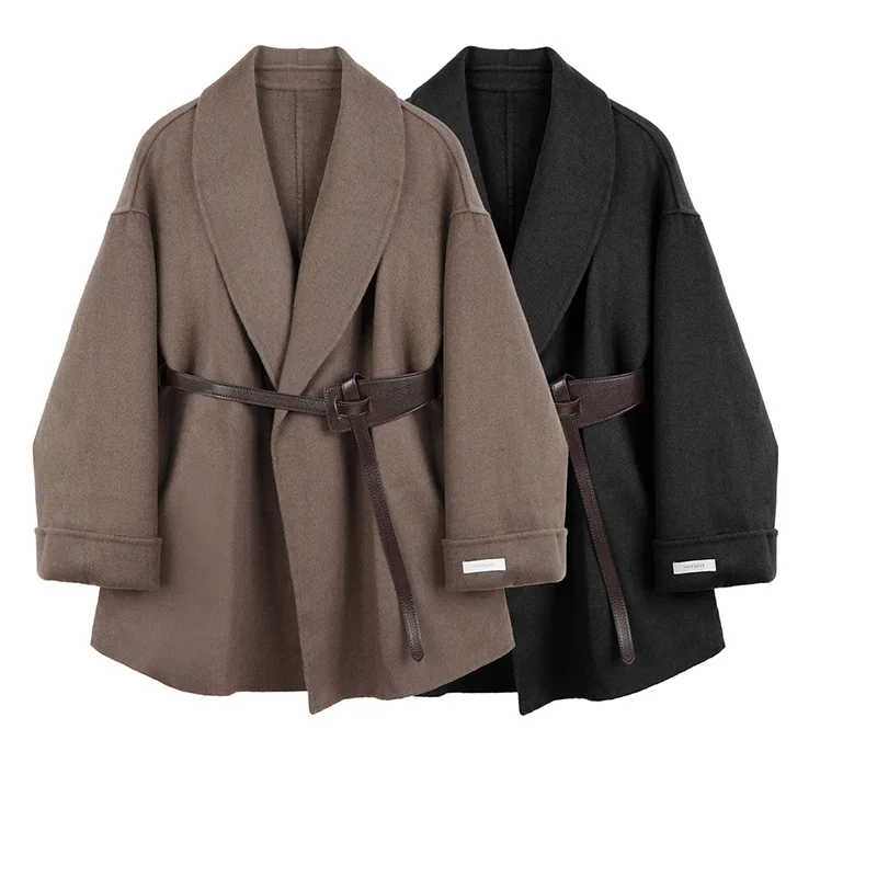 

Double-sided woolen coat women's autumn/winter new waist slimming temperament small wool coat pure color belt women's clothing