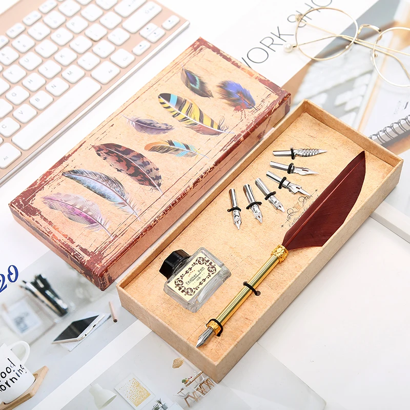 1 Set Of English Calligraphy Feather Dip Pen 6 Nib Writing Stationery Gift Box Student | Канцтовары для офиса и дома
