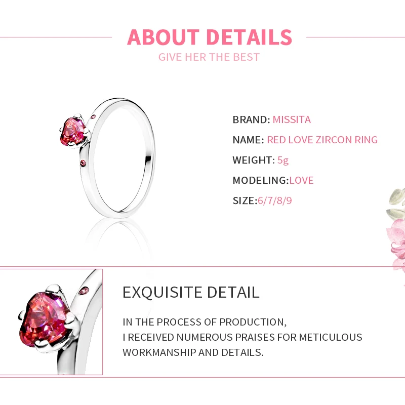 

MISSITA 2019 NEW Red Crystal Love Heart Rings For Women Fit Pan Wedding Engagement Silver Color Jewelry Gift Dropshipping