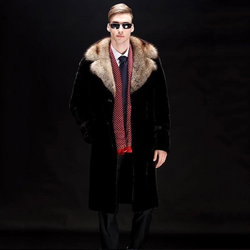 Ftangaiur Winter Jacket USA Import Velvet Mink Coat Turn-Down Collar Coats Soft Men's X-Long Smart Natural Real | Мужская одежда