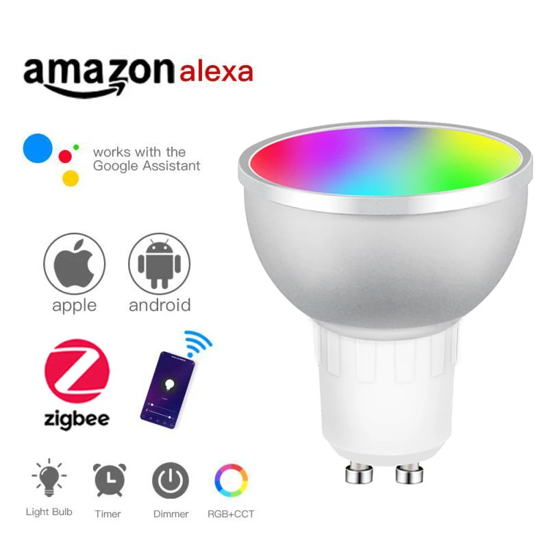 

Светодиодная лампа Tuya Zigbee 3,0 с регулируемой яркостью, умный светильник с лампочками GU10 RGB + теплый белый свет, работает с Alexa Google Home