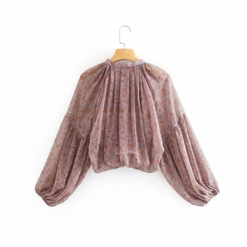 

Pinkou Women Vintage Print Chiffon Blouse Long Puff Sleeve O Neck Shirts Retro Summer Casual Chic Tops LA64