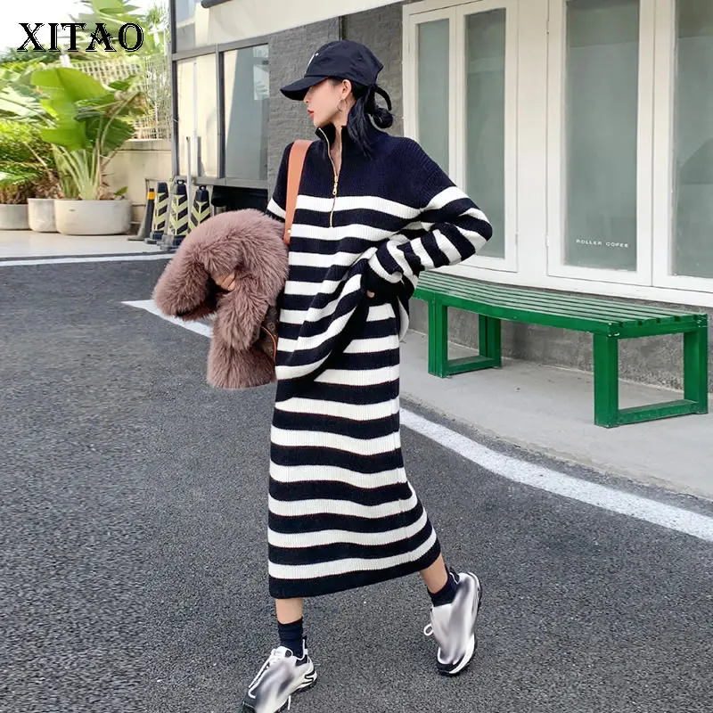 

XITAO, вязаный комплект с платьем в полоску, модный Свободный Повседневный женский свитер, костюм с буксировочным узором, 2021, зима, новинка, про...