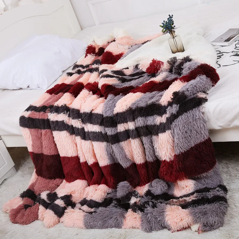 

Plush Double Thicken Blanket Plaid Printed Lamb Wool Warm Blanket Fluffy Faux Fur Bedspread Blankets for Beds Couch Sofa