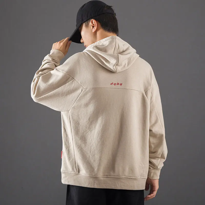 

Japan Syle Hooded Letter Print Autumn Winter Hoodies Sweatshirts Men Loose Casual Khaki Lace Up Pullover Hip Hop Male O Neck Top