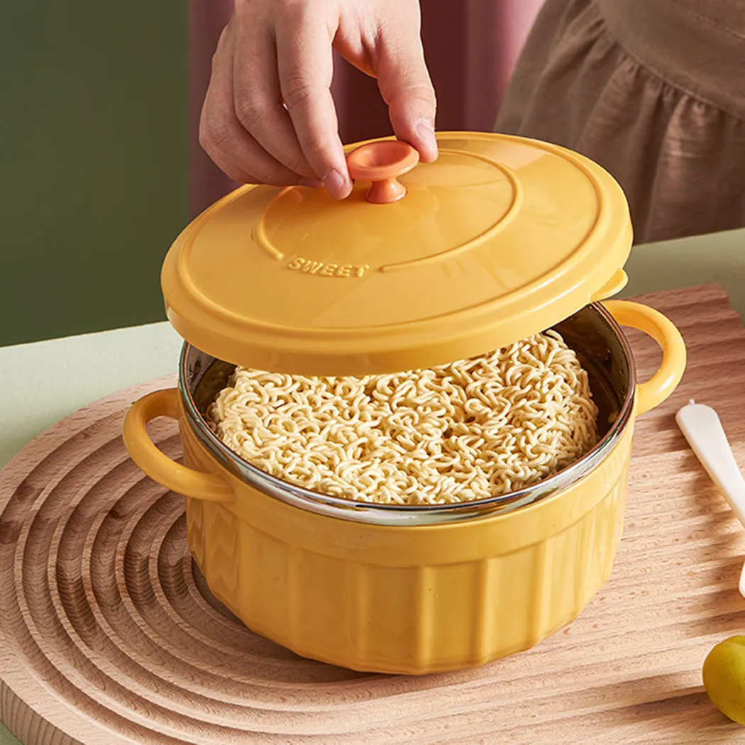 

Double Instant Ramen Bowl With Lid Spoon Cute Stainless Steel Large Capacity Noodle Fruit Salad Soup Bowl Set KitchenTableware