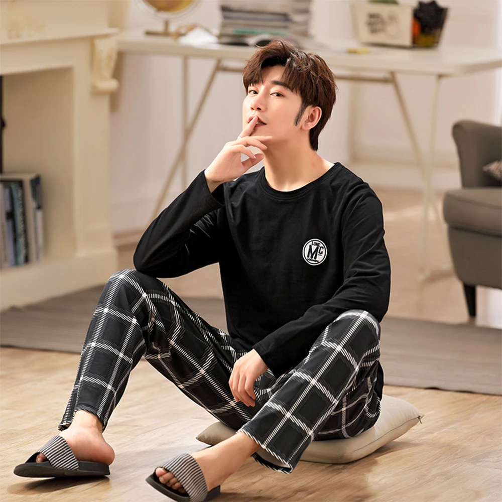 

Spring Autumn Men Pajamas Set Cotton Print Sleepwear Night Suit Casual Long Sleeve Plaid Pants Pyjamas Plus Size Homewear 4XL