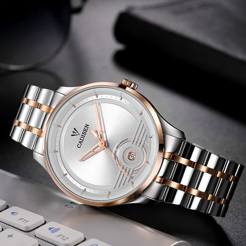 Мужские автоматические механические часы CADISEN сапфировое стекло из нержавеющей