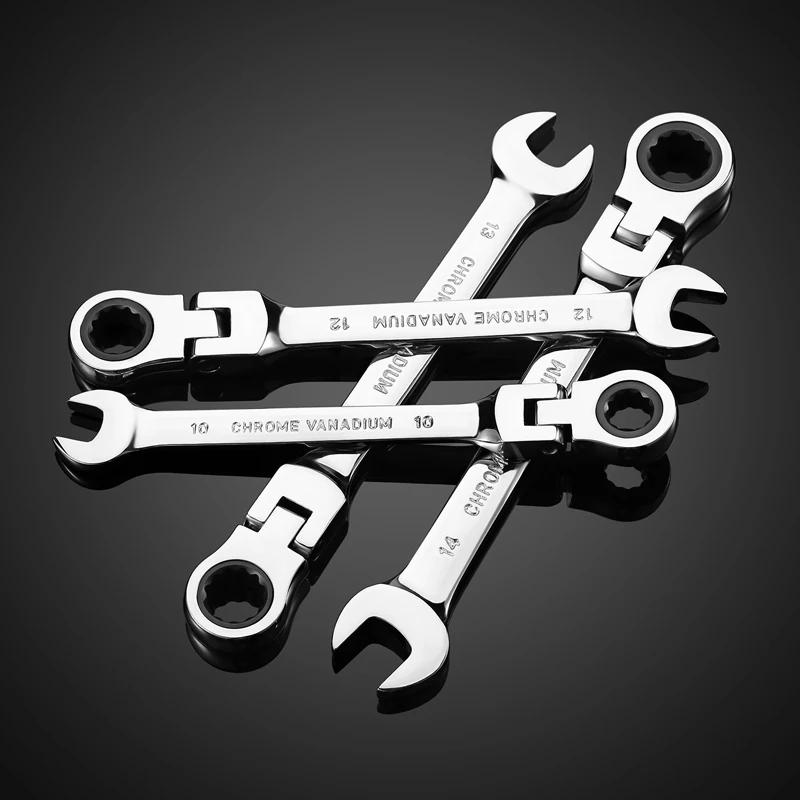 

7pcs Flex-Head Ratcheting Combination Wrench Set, 12 Point Ratchet Wrench, 72 Teeth Box End and Open End Wrench Set with Pouch