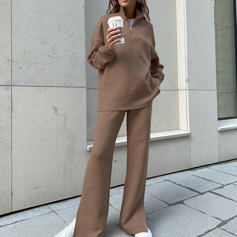 

Autumn Winter Women Sexy 2pcs Outfits Zipper Tops Pullover And Wide Leg Pants Suit Solid Sweatshirt Sets Female Loose Streetwear