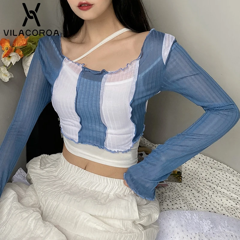 

Ultra Thin Long Sleeve Women Y2K T-Shirt Frill Stitching Cropped Tops Korean Trend Tops Round Neck Long Sleeve Femme Tee-Shirt