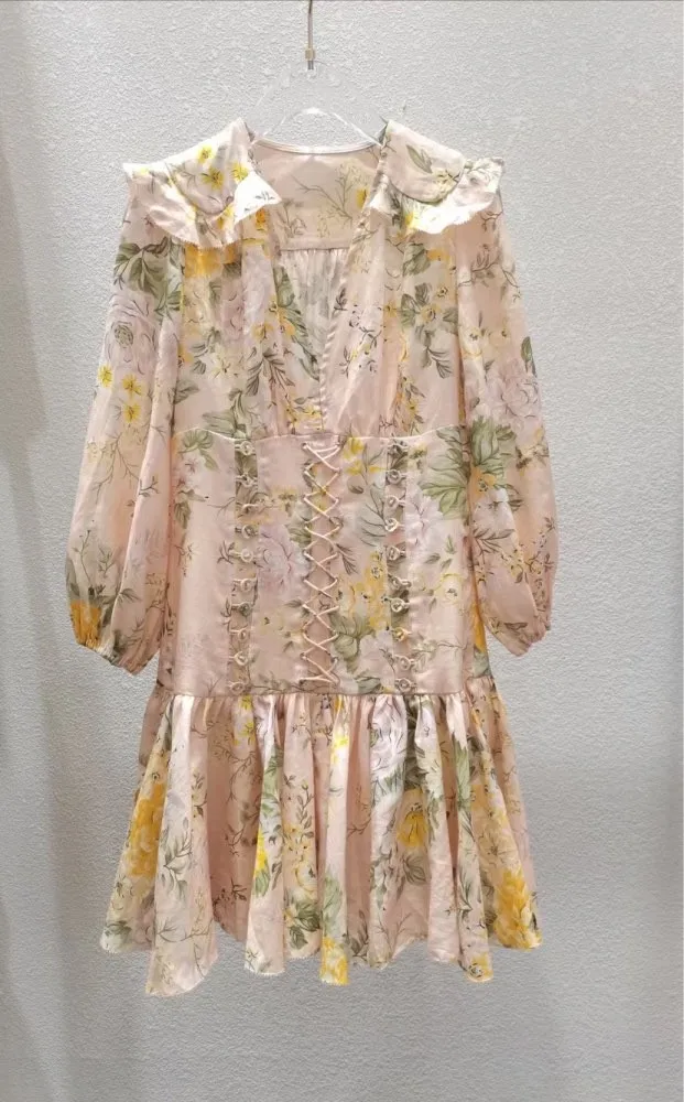 

Yellow Floral Print Long Sleeve Dresses High Quality Linen