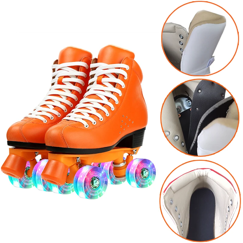 Orange Red Roller Skates Double Line Skates Women Female Lady Adult With LED Lighting PU 4 Wheels Two line Skating Shoes Patines