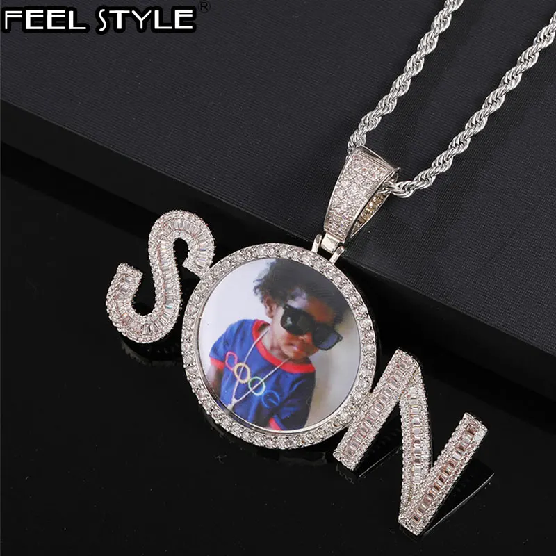 

Круглый кулон в стиле хип-хоп для мужчин, Ювелирное Украшение с 2 буквами, кубическим цирконием, с надписью «Photo Name», круглой формы, в стиле хип-хоп