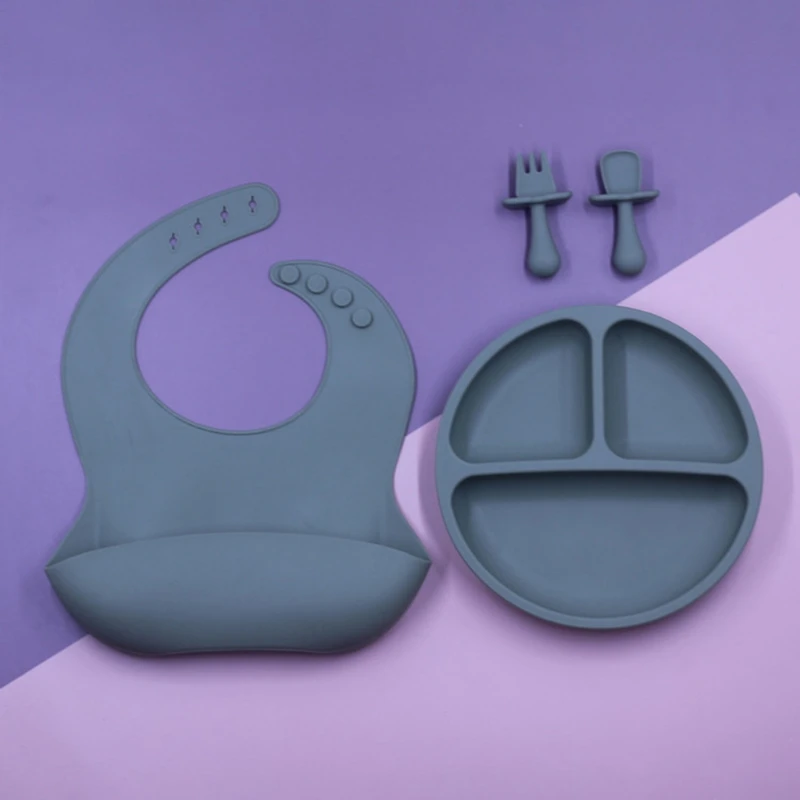 

4 Pcs/Set Baby Training Feeding Food Bowl Spoon Fork Bibs Set Anti Slip Silicone Suction Divided Plate Tray Utensil Dishes 124D