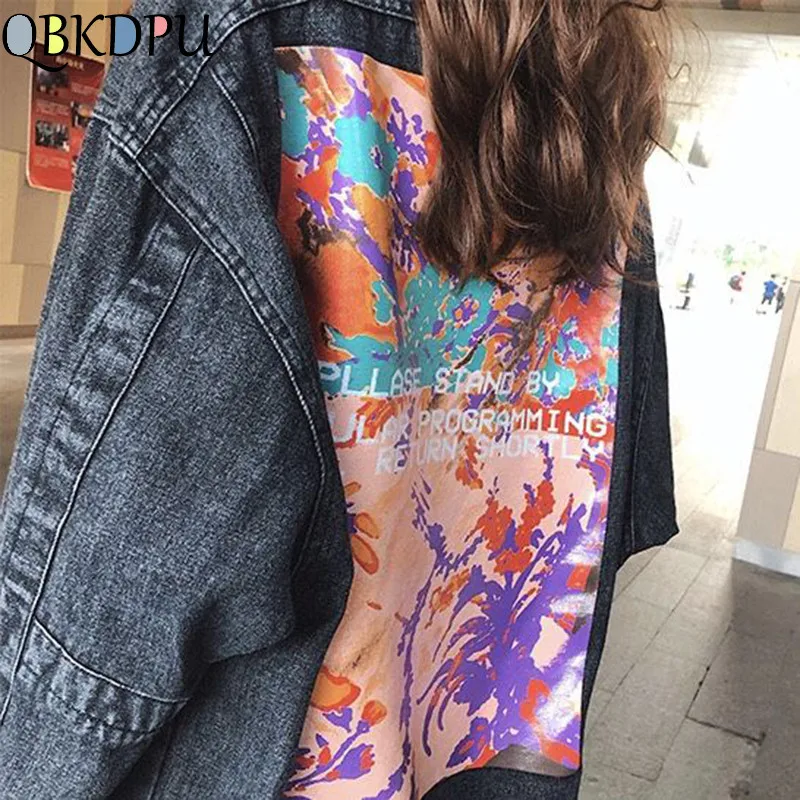 Куртка женская джинсовая с забавным мультяшным принтом белая винтажная уличная