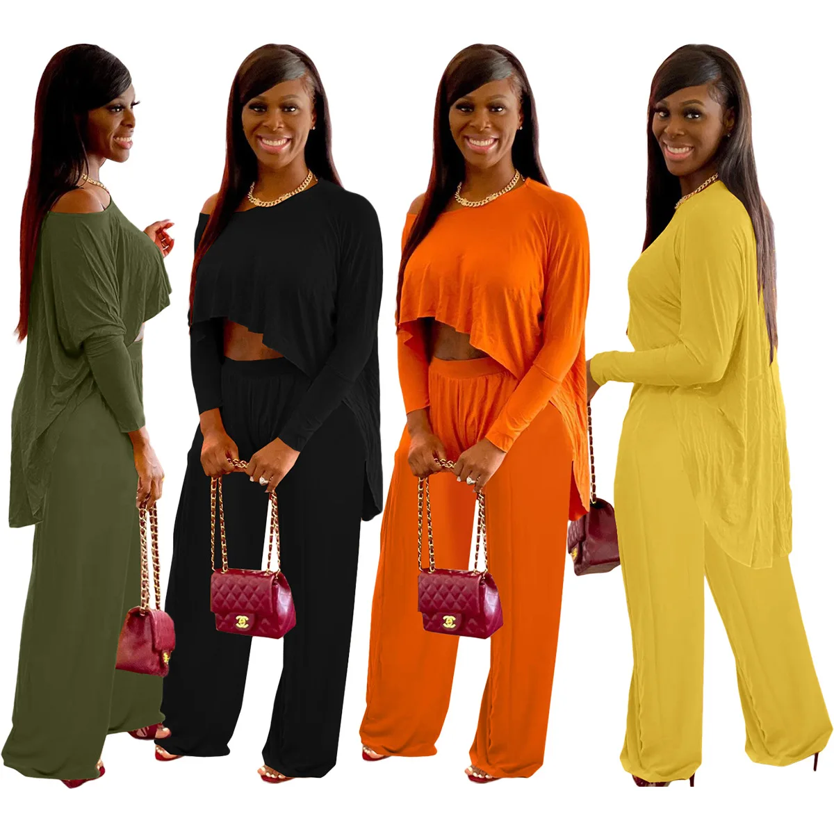 

Casual Women Tracksuit Solid Color Loose Shirt And Long Wide Pants Streetwear Matching Set For Women Outfit