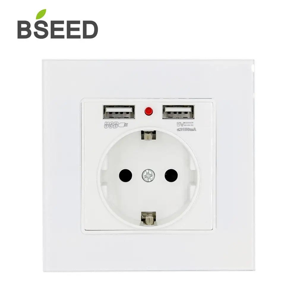 

BSEED Home Electric Wall Socket With Double USB Wall Socket Decorative Socket Dual White Glass Panel