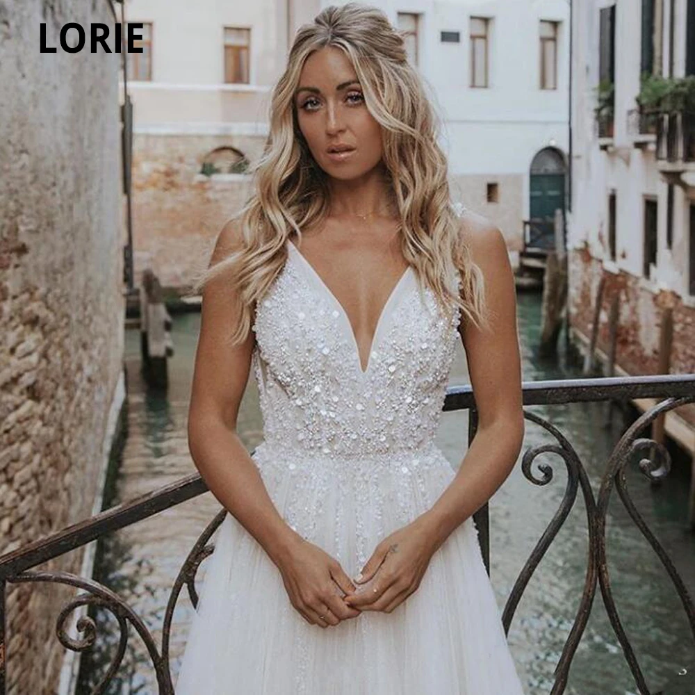 

LORIE Sexy Backless Boho Wedding Dresses Deep V Neck Sequins Beaded A Line Tulle Bridal Gown Sweep Train Beach Country Dress