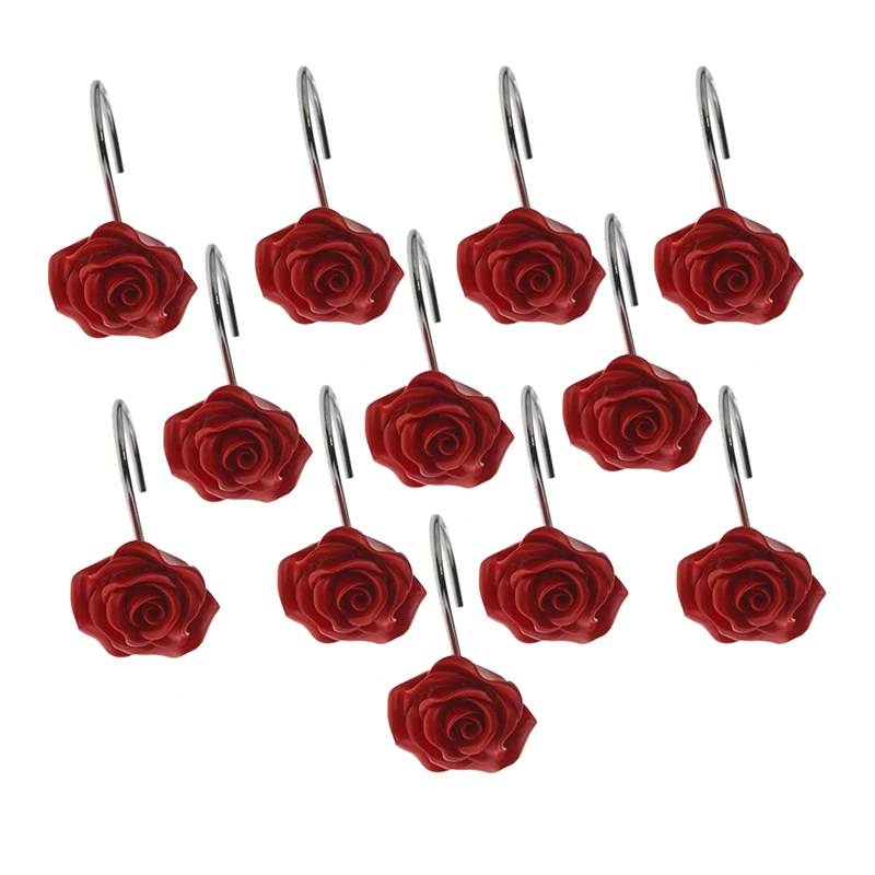 

12 PCS Shower Curtain Hooks,Resin Rose Flower Shower Hooks Rings for Bathroom Shower Rods Curtains