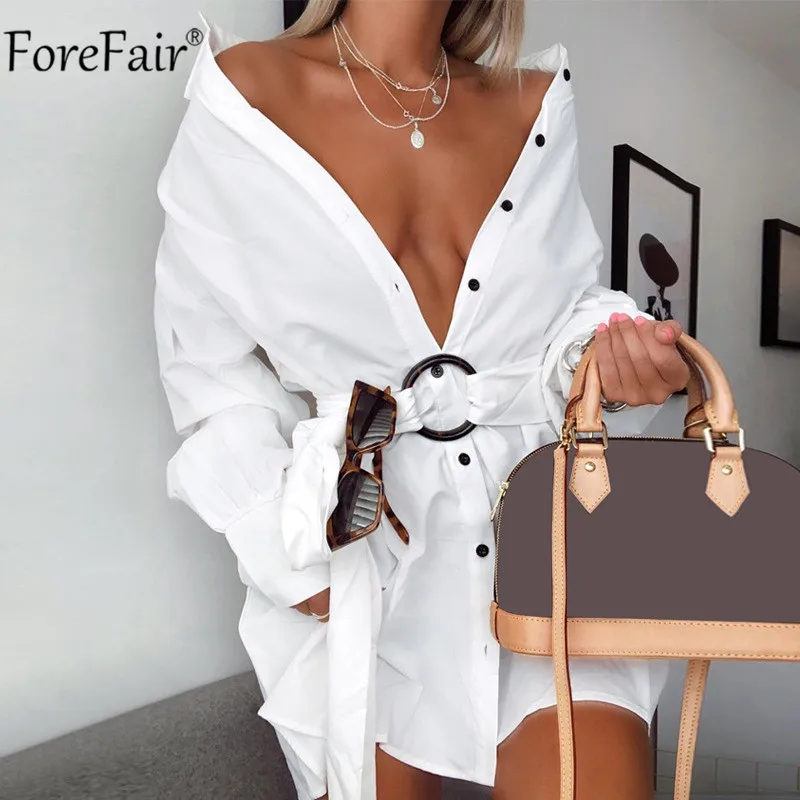 Белый Forefair V образным вырезом пояса для женщин Кнопка белая рубашка платье офис с длинным рукавом трендовые Осень Зима Повседневное мини сексуальные платья - Цвет: Белый