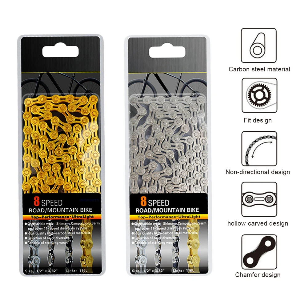 Bicycle Chain 8 Speed Bike Chain MTB Road Racing Bicycle Hollow 116L Cycling Mountain Road Bike Semi-hollow Golden Silver Chain bicycle hub hybrid ceramic bearing freesport 1 pcs high speed bike for mtb mountain bike road cycling for bike hubs