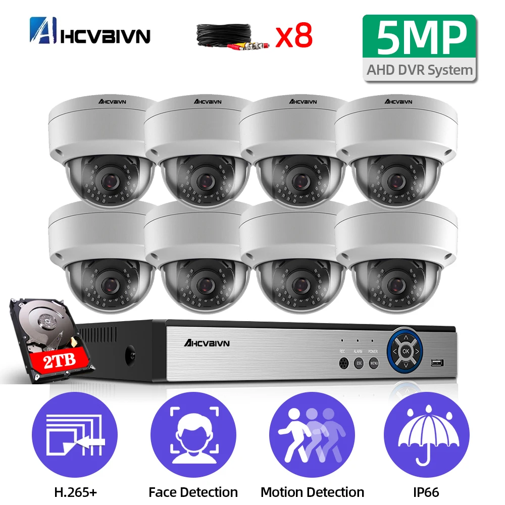 

8-канальная 5-мегапиксельная система видеонаблюдения Ultra HD 5 в 1 H.265 + DVR Ahd 5 Мп TVI погодозащищенная белая система домашней безопасности 8 канало...