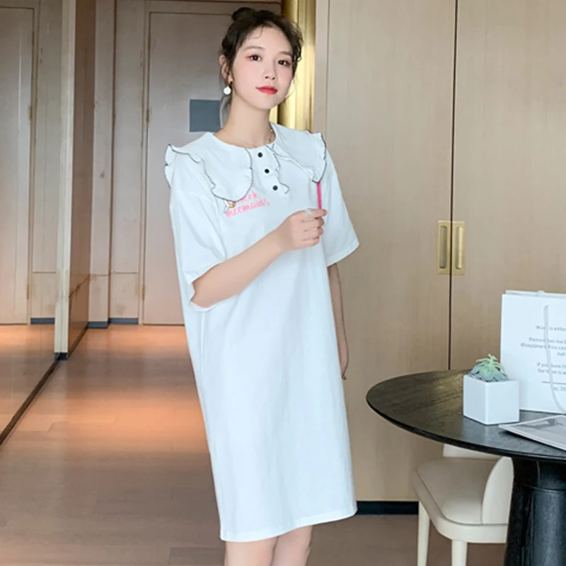

Dress Summer 2021 New Women's Large Size Loose Mid-Length Slim Fit Sweet Peter Pan Collar Short Sleeve White Dress