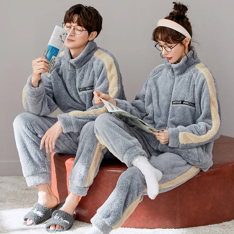 Winter Coral Fleece Fashion Pajamas sets For Women Man Flannel Warm Couple Sleepwear Sleep Tops Trousers pijama hombre mujer new