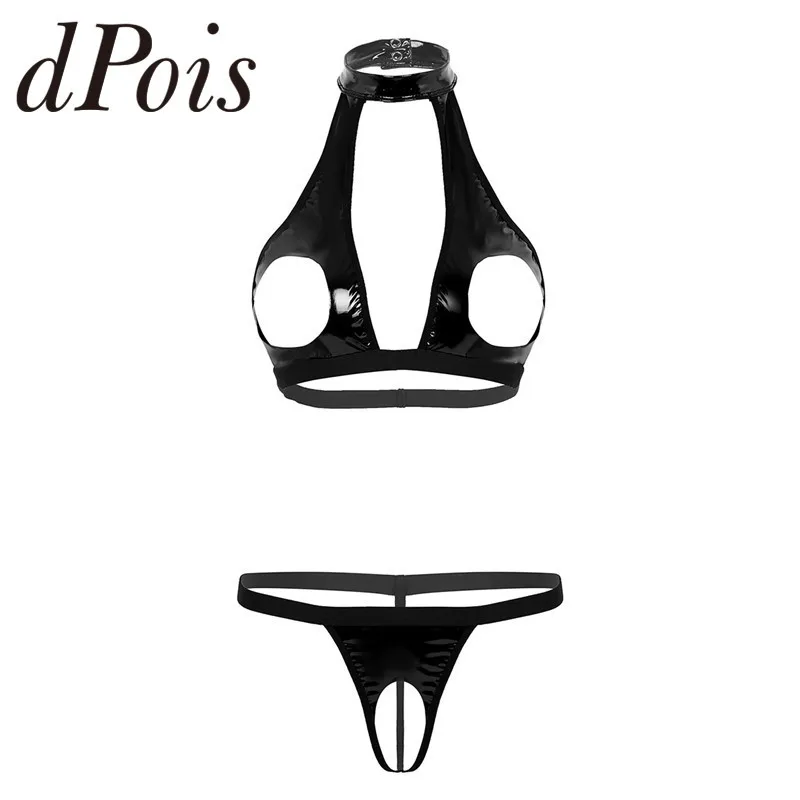 Женский комплект нижнего белья из искусственной кожи бюстгальтер с лямкой на шее