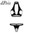 Женский комплект нижнего белья из искусственной кожи, бюстгальтер с лямкой на шее и вырезами + трусики-стринги без косточек, комплект из 2 предметов