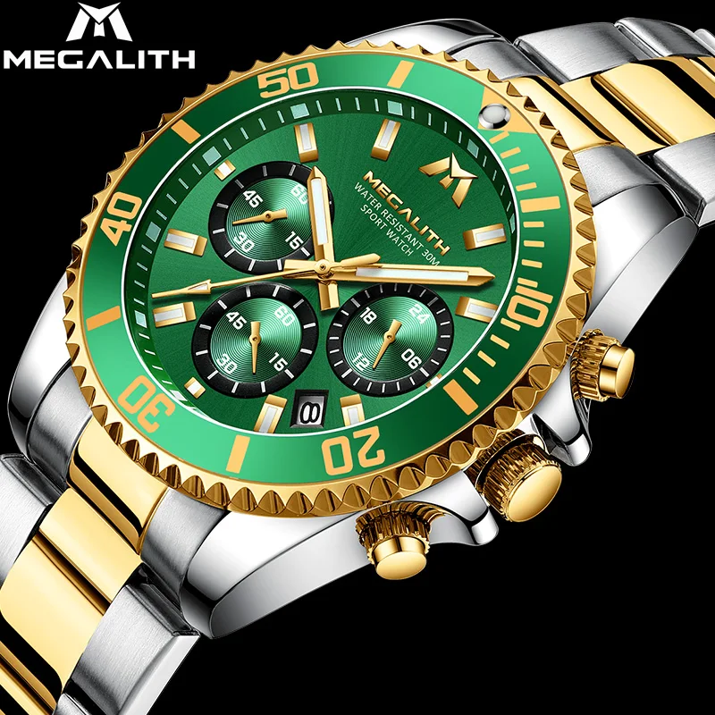 Мужские часы MEGALLITH серебристо-зеленые модные спортивные водонепроницаемые