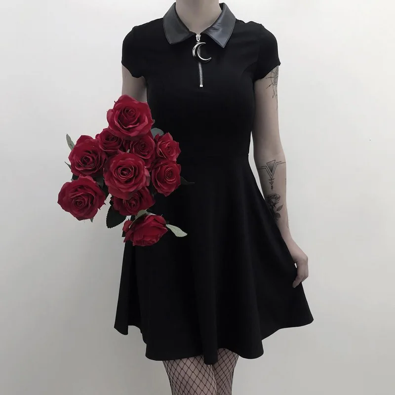 

Fairy Dark Gothic Slim Girl Dress Zipper Leather Neck Pleated Casual Shirt Collar Short Skirt Sleeve Dress Summer Ladies Dress