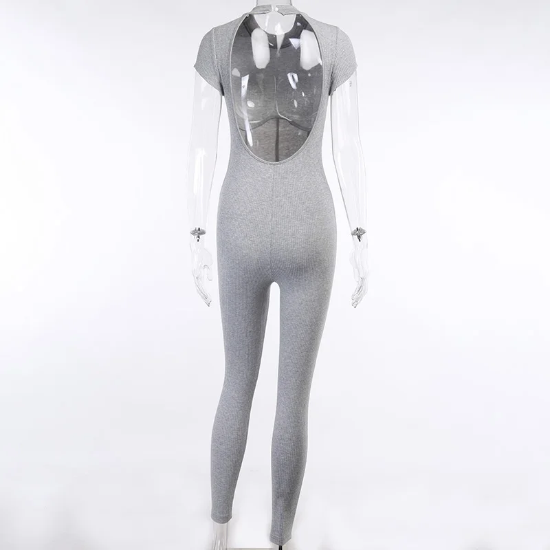 

Casual Sportswear Knit Rib Grey Jumpsuit Short Sleeve Corset Fitness Biker Rompers Backless Pencil Pants Skinny Bodycon Jumpsuit