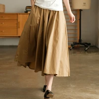 skirts elegant loose cotton color solid vintage casual pleated johnature skirts elastic all match women waist a line color plea