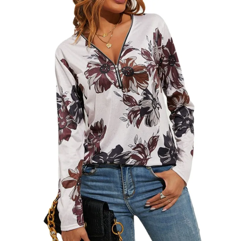

2021 Spring and Summer Pullover Zipper Leaf Print Slim Long Sleeve T-shirt