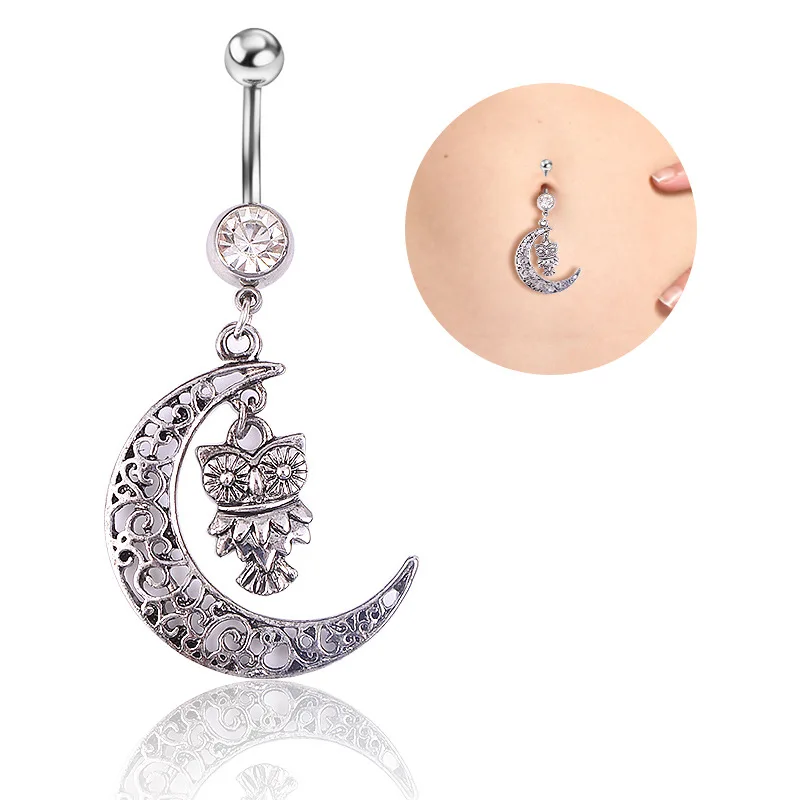 1 шт. милое животное 316L нержавеющая сталь зеленая сова Кристальный пупок Золотой