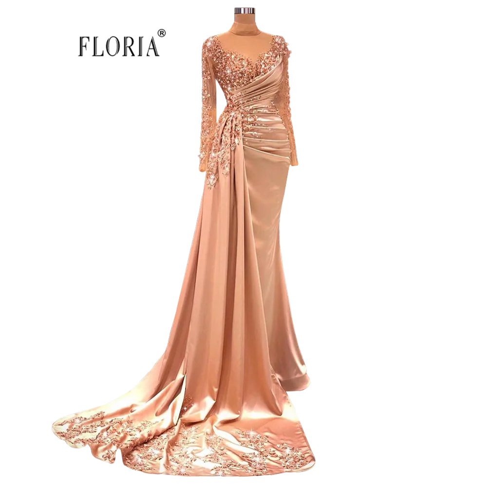 

Floria Champagne Sparkly High-necked Long-sleeved Luxury Evening Gown Rhinestone Chapel Train Party Dress