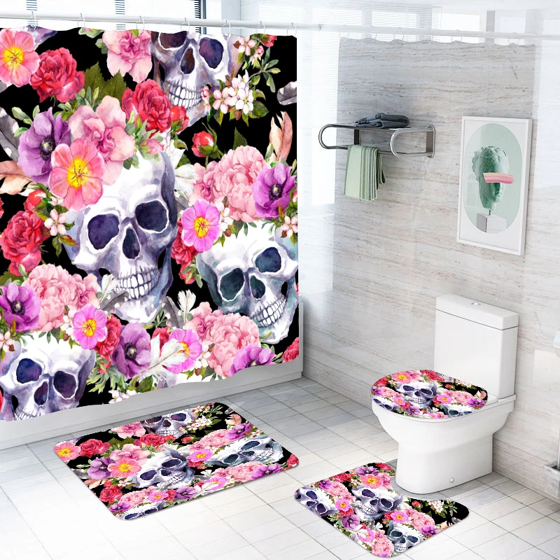

Fashion High Quality Bathroom Set 3D Sugar Skull Flower Print Polyester Shower Curtains Toilet Cover Mat and Non Slip Rugs 4 Pcs