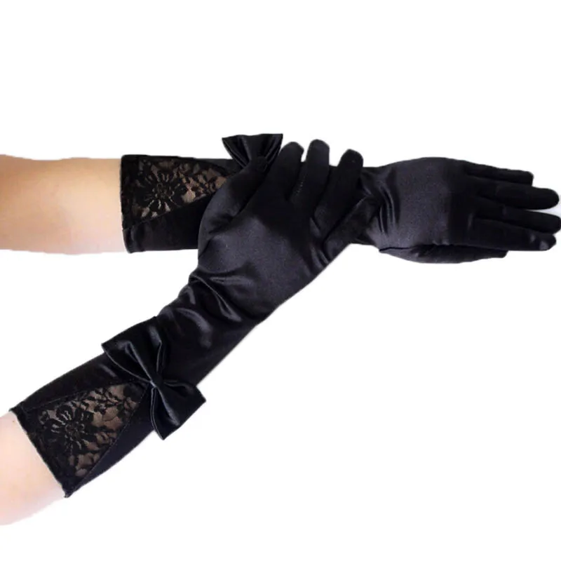 

Перчатки женские кружевные атласные, пикантные черные кружевные в стиле пэчворк, с бантом, для клуба, вечеринки, танцев, представлений, аксе...