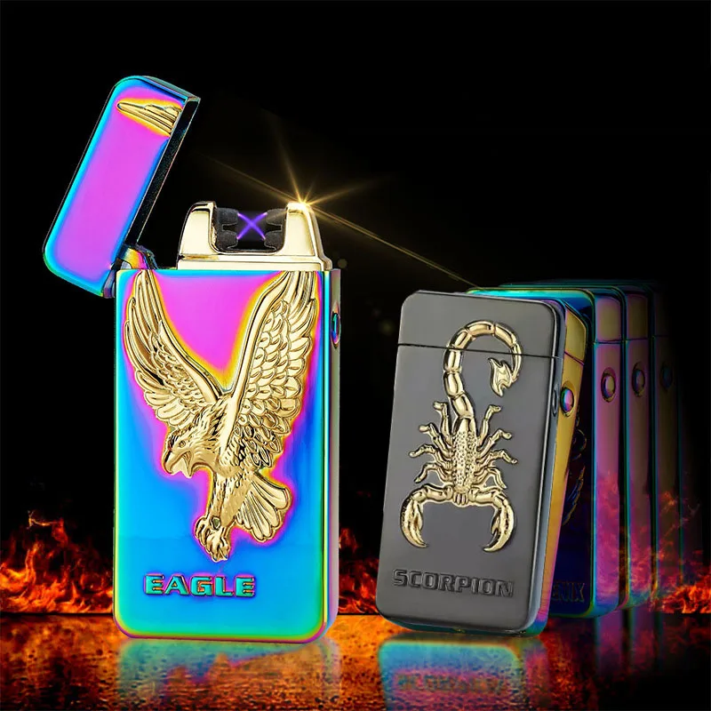 Новинка, зажигалка с зарядкой от usb, плазменная двойная дуга, ветрозащитная Зажигалка для сигарет, металлический рельеф, Скорпион, китайский дракон, мужской подарок