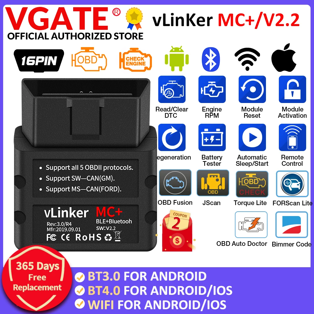 Vgate vLinker MC + ELM327 Bluetooth-совместимый 4 0 OBD 2 OBD2 сканер WIFI для BimmerCode FORScan Android/IOS PK OBDLINK |