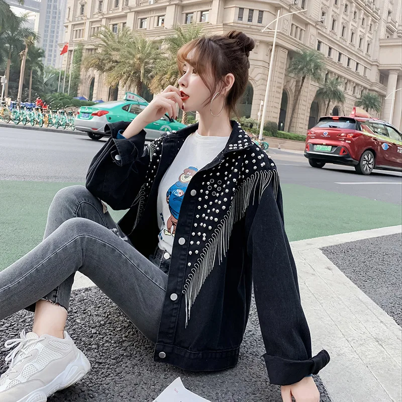 

Hong Kong Style denim coat fashion spring autumn new tassel heavy industry rivet loose large size Jacket Top