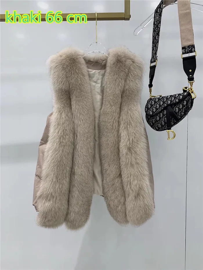 khaki 66cm Женский жилет из натурального Лисьего меха с наполнителем из белого утиного пуха - Цвет: khaki 66cm