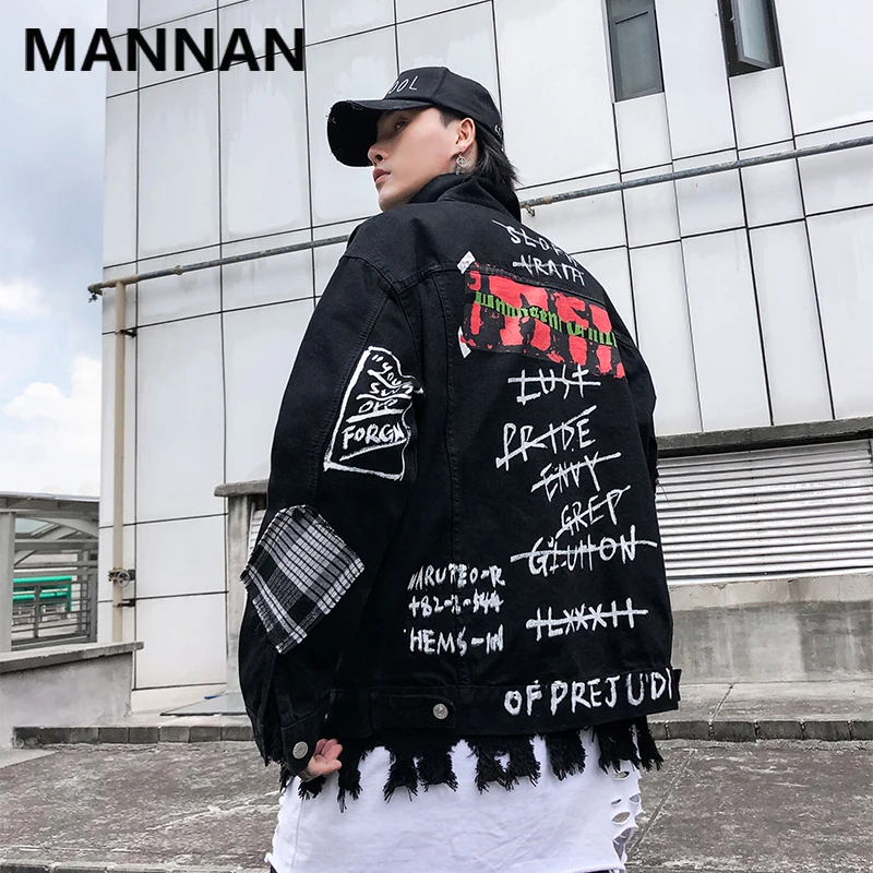 

MANNAN Letter Graffiti Mens Jackets and Coats Autumn Hip Hop Windbreaker Fashion Denim Streetwear Harem Outwear Tactical Jacket