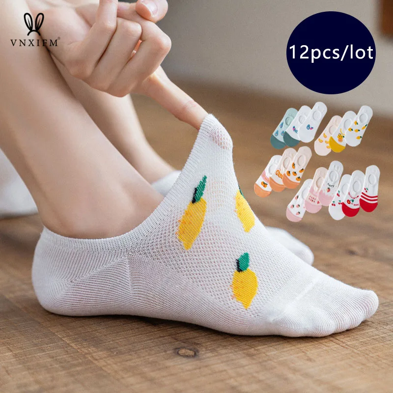 12 pcs/batch women's funny socks cute kawaii fruit letter pattern non-slip thin Harajuku soft cotton boat socks free shipping