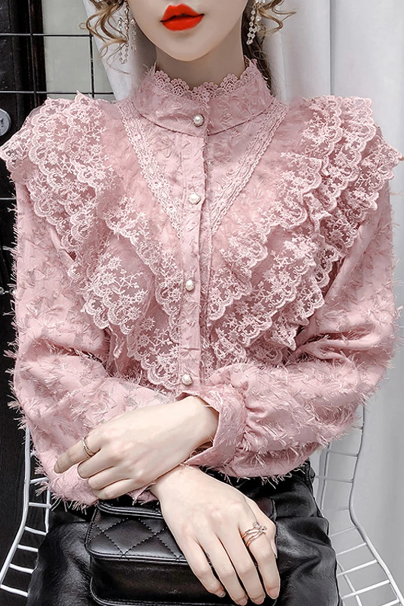 

Elegant Long-Sleeved Shirt Women 2021 Spring New Korean Sweet Lace Patchwork Ruffled Stand Collar Solid Blouse Office Ladies Top