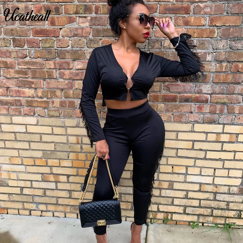 Женский комплект из двух предметов с бахромой глубоким v образным вырезом