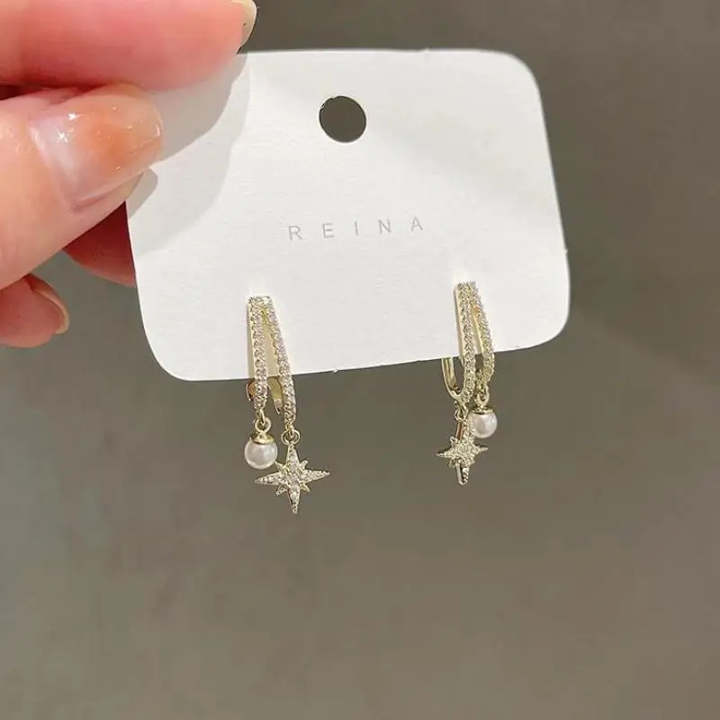 

Korean Earrings Fashion Jewelry Simulation Pearl Rhinestone Eight-pointed Star Double Circle Statement Earrings For Women Gifts